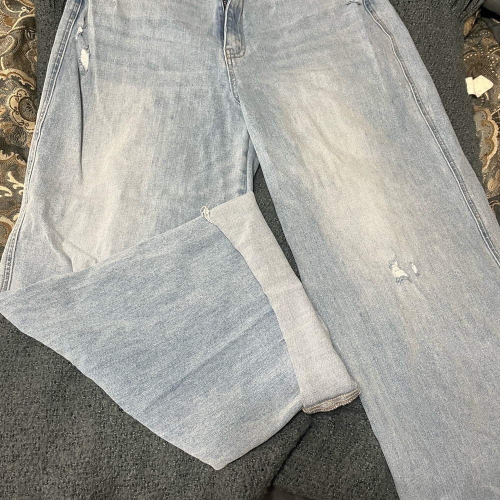 KanCan Blue Flare Wide Leg Jeans with Distressed Knee